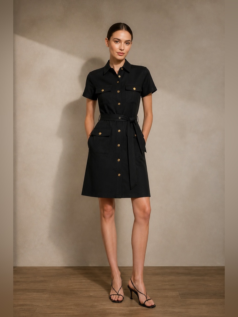 Tracy Negoshian Black Short-Sleeve Shirt Dress with Belt and gold hardware